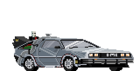 An animated GIF of a Delorean hovering above the ground