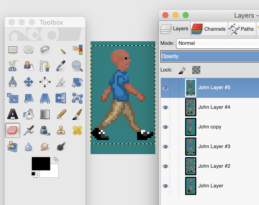 A screenshot of the image editing tool GIMP showing a large frame of John walking, with other layers, smaller, along the right column